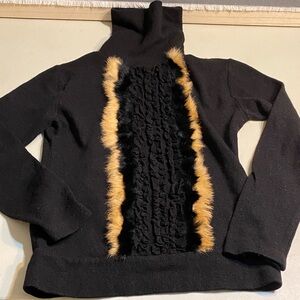 Black Women's Turtleneck Sweater with Fur Trim